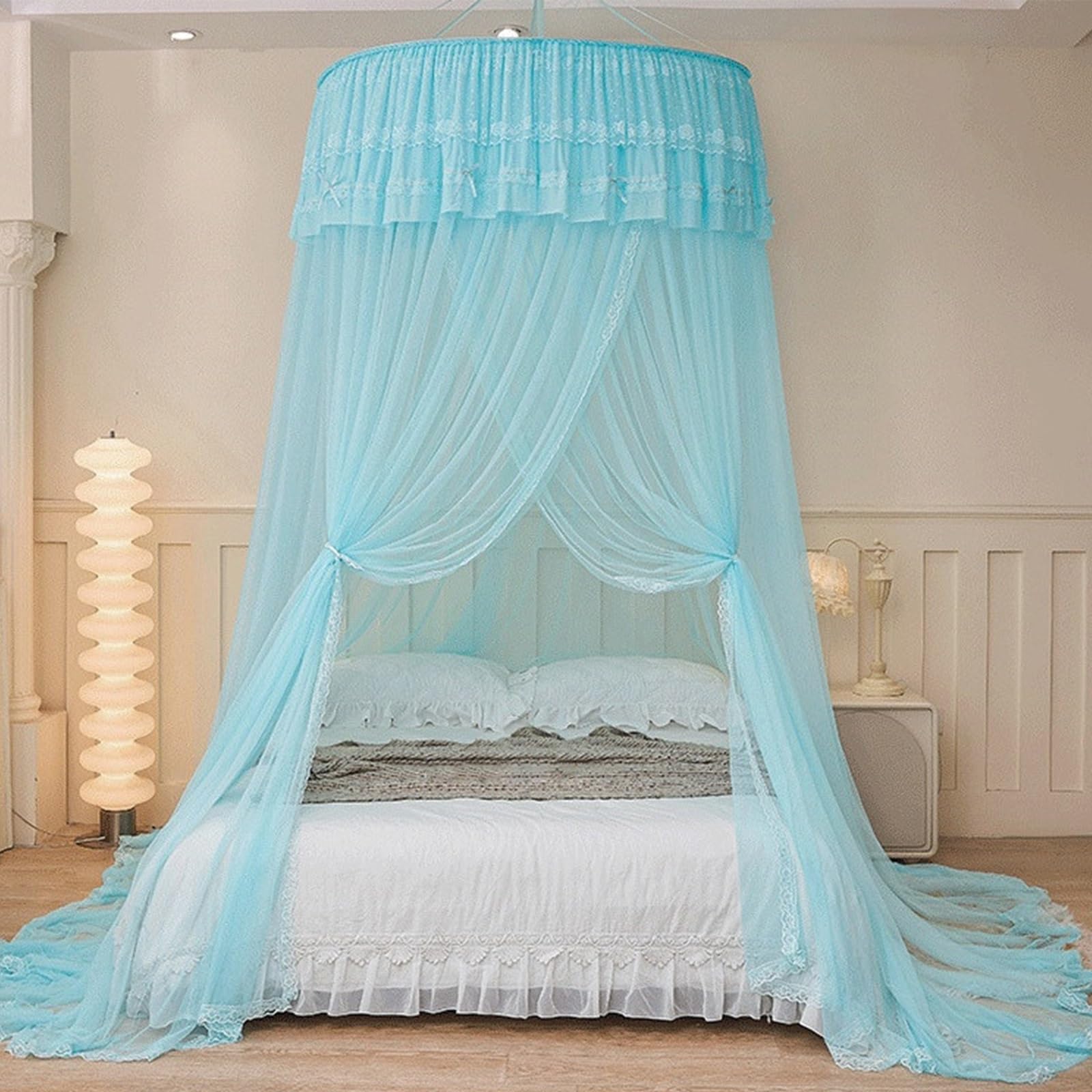 SARKEY Prinzessinnen Betthimmel,Atmungsaktives Mesh Zelt Bett Vorhang,Runde Kuppelspitze,Feines Durchsichtiges Netz,Erwachsene,Hochzeit,Schlafzimmer Dekoration(Light Blue)