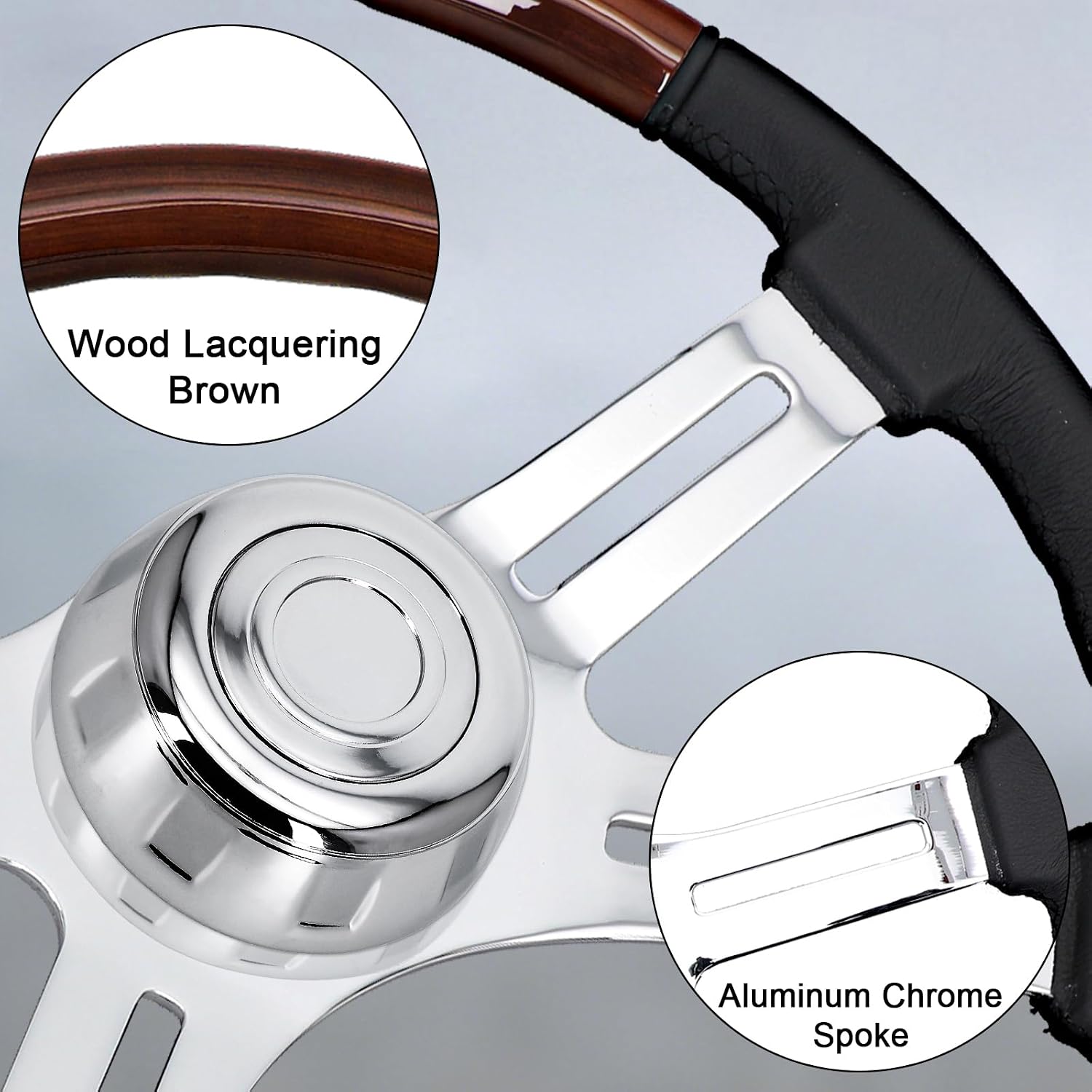Sorghum 18" Solid Wood Steering Wheel - 4 Spokes Aluminum Chrome Leather Cover Steering Wheel with Horn Button for Semi-Trailers Trucks Compatible with Mack Kenworth Peterbilt Volvo Freightliner image 4