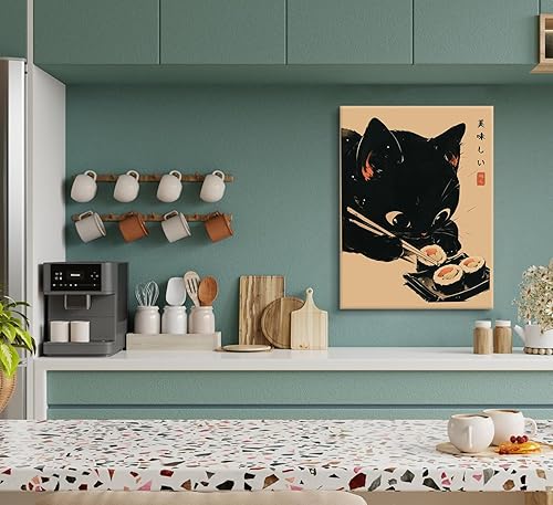 Miniatura 2 de AAWYXEEW Bonito póster de sushi con gato negro que come sushi japonés, arte de pared, divertido arte de comida de animales, impresiones artísticas