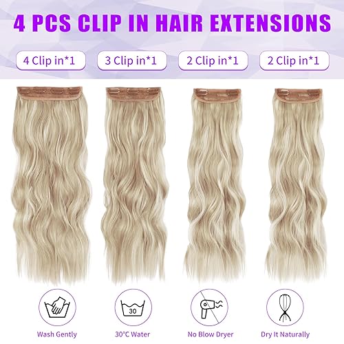 Miniatura 2 de Extensiones de cabello con clip de Vigorous, extensiones de cabello ondulado de color rubio ceniza mezclado con rubio decolorado, extensiones de