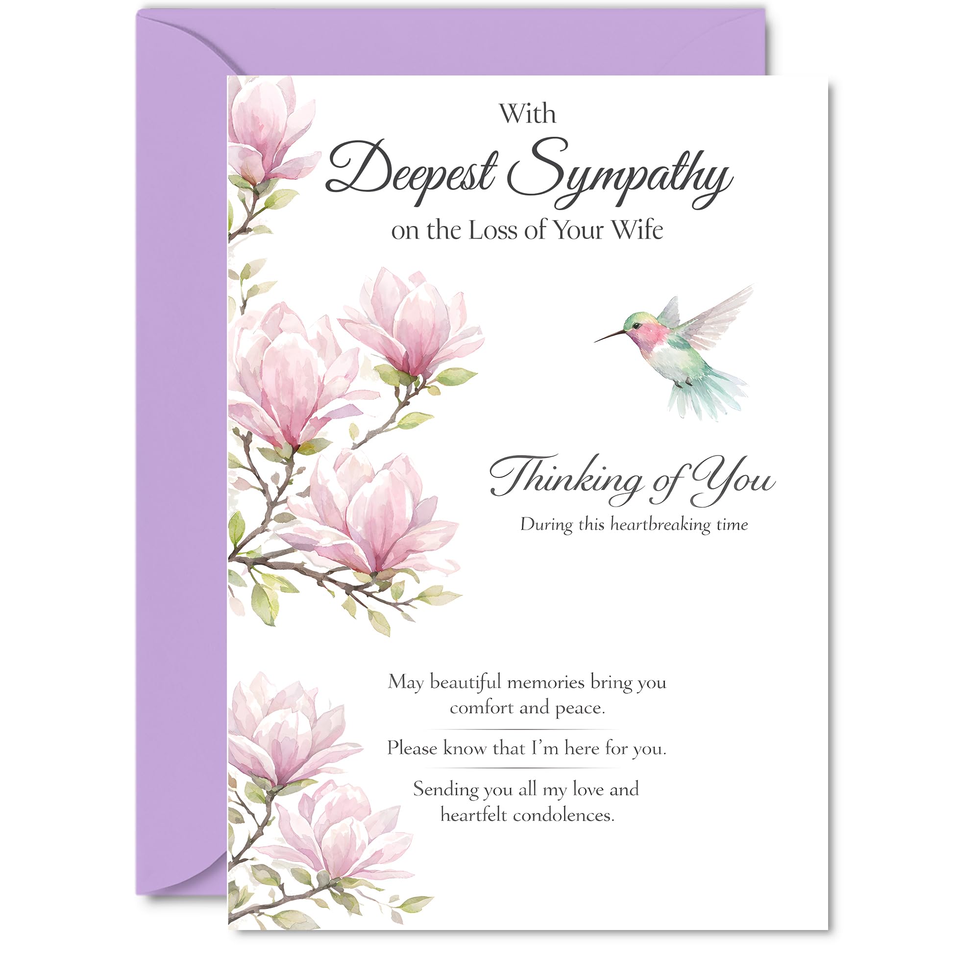 Comforting Sympathy Card - Loss of Wife - Gentle Words in a Difficult Time - Soft Pink Flowers and Hummingbird Motif - A5, Envelope Included