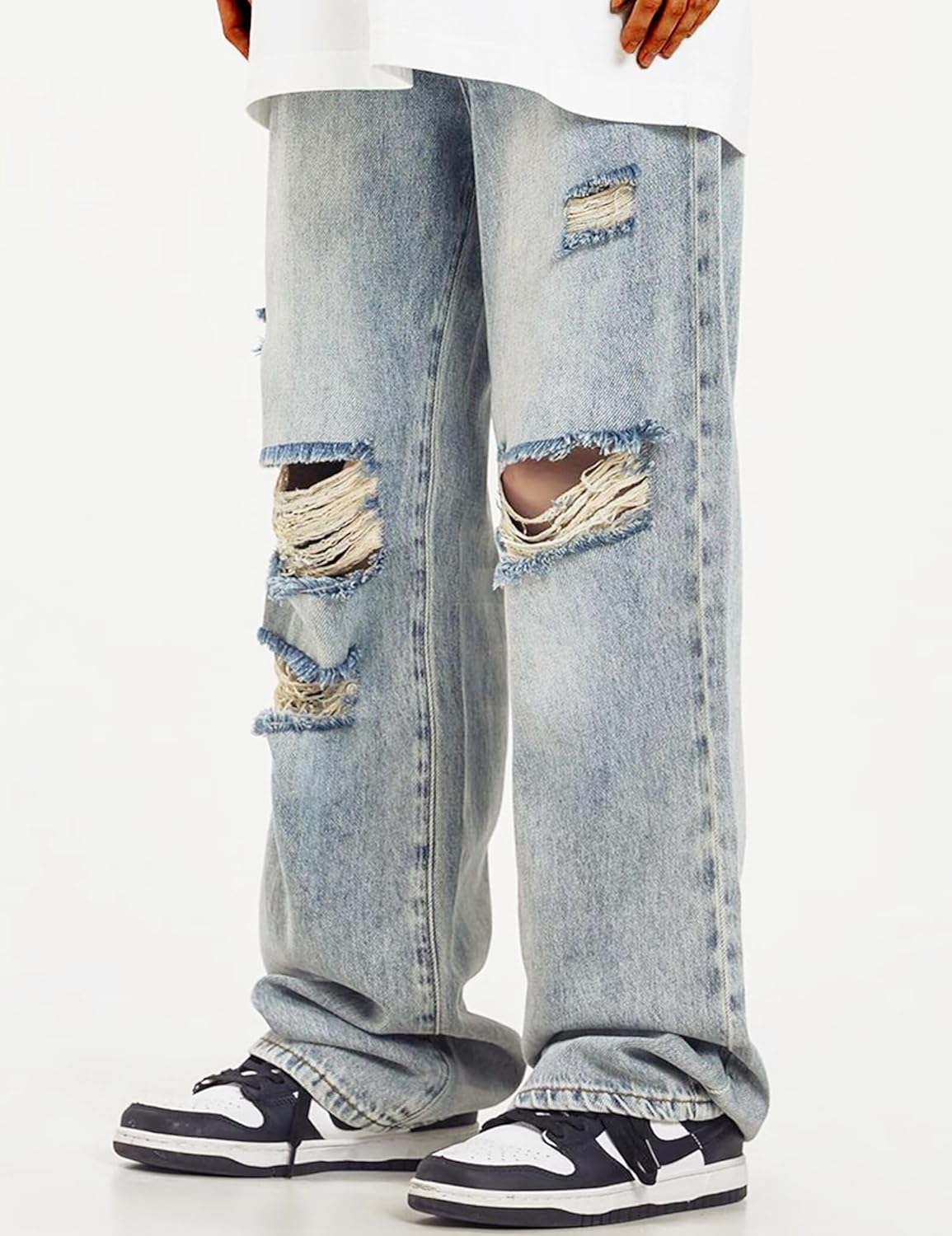 Men's Baggy Ripped Jeans Y2k Wide Leg Grunge Skater Pants Vintage Loose Fit Distressed Jeans for Men - Image 5