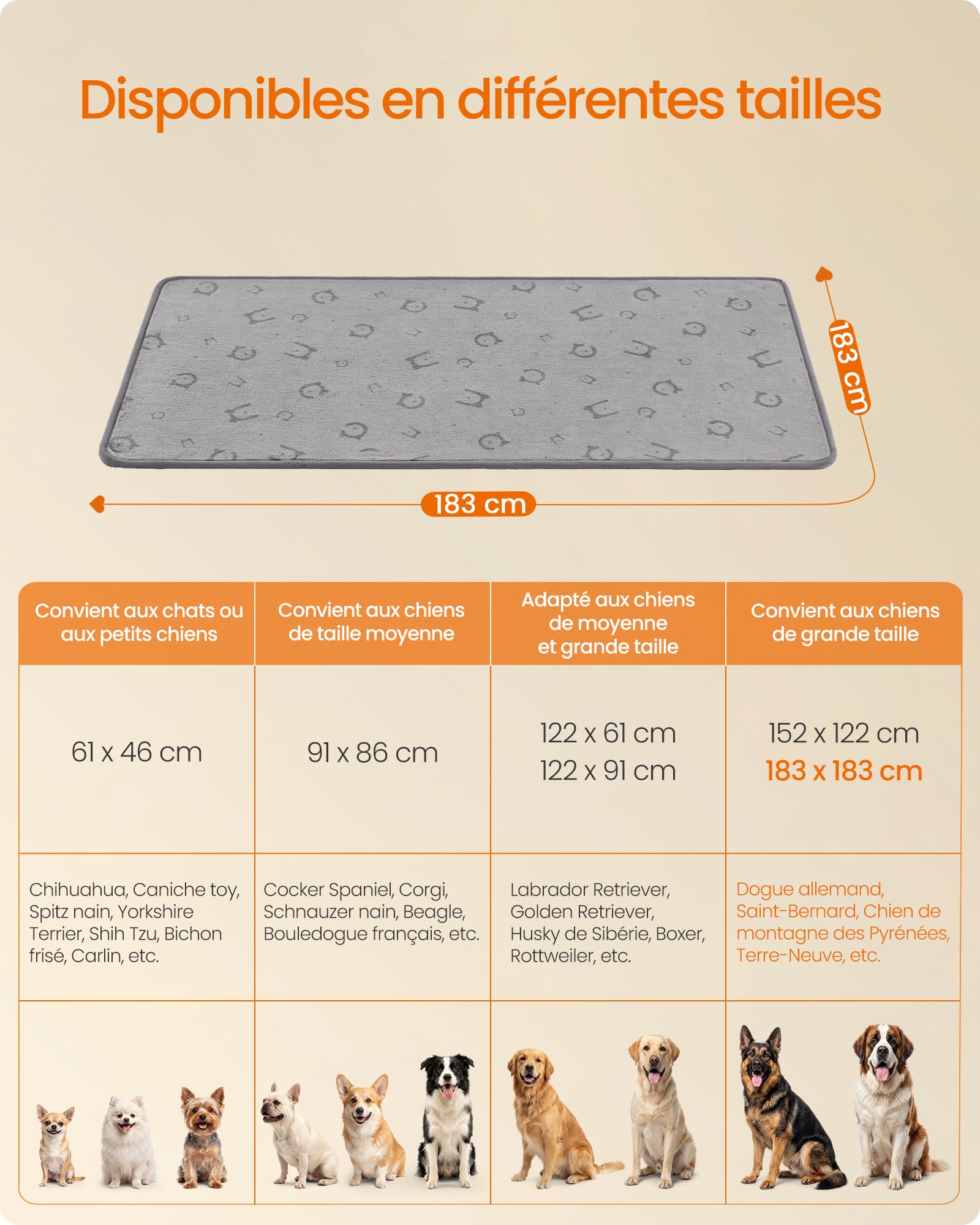 Feandrea Tapis Absorbant Lavable pour Chien, 2 Paquets, Réutilisable, 183 x 183 cm, XXL, Tapis Éducateur pour Animaux, Anti-Fuite, Antidérapant, pour Chiens, Chats, Lapins, Gris Tourterelle PTD005G01
