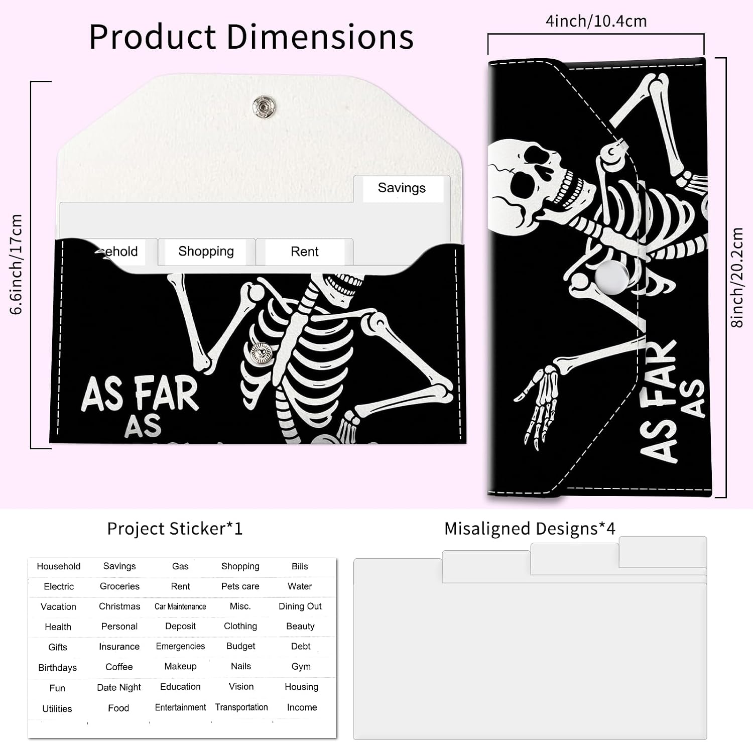 PU Leather Cash Envelopes Wallet, Reusable Money Saving Wallet, Cute Budget Envelope with 4 Dividers & 1 Sheets Budget Labels, Skeleton Quote image 4