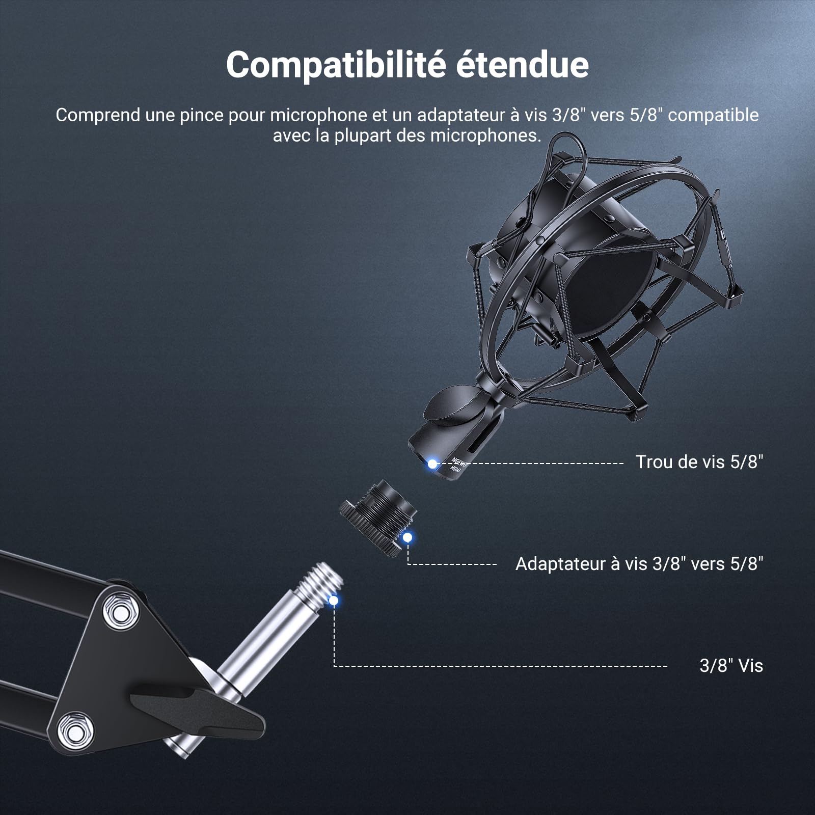 NEEWER Support Antichoc pour Micro,Fixation pour Pied et Boom Arm avec Cordons élastiques et Adaptateur à Vis 3/8" à 5/8", Compatible avec Microphone de 60 à 65mm de Diamètre (2,4" à 2,6"), MS043