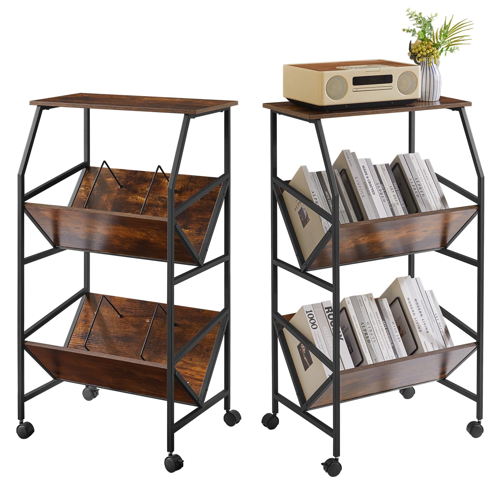 IBUYKE ファイルワゴン ファイルラック ファイル棚 仕切り付き ファイル収納 書類棚 斜め A4収納 キャスター付き 天板付き 棚 ワゴン 幅56×奥行29.5×高さ101cm ブラウン JPTMJ028H