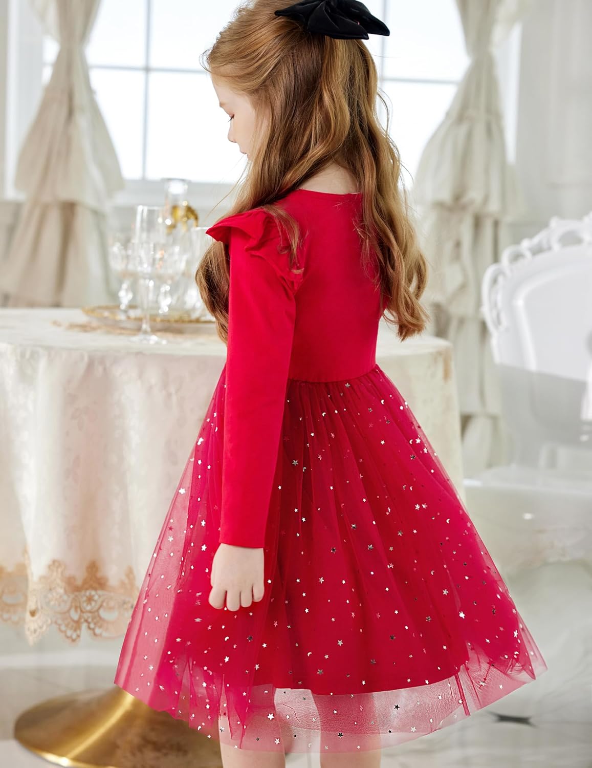 Arshiner Toddler Girls Tutu Dresses Long Sleeve Ruffle Fall Winter Holiday Star Sequin Tulle Dress 2-6Y - Image 3