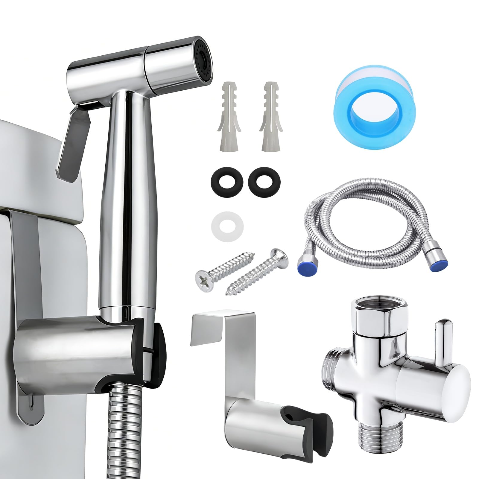 Handheld Bidet Sprayer Kit Stainless Steel Toilet Bidet Shattaf Douche Adjustable Muslim Shower Spray Jet with 1.5m Hose T-Adapter Attachment for Bathroom Toilet Cleaning Personal Hygiene Pet Bath