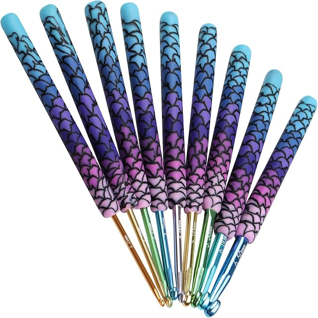 Coopay Mermaid Crochet Hooks for Arthritic Hands, Crafted Ergonomic Crochet Hook 9 Pack, Full Metal Crochet Hook Sets Soft Grip Clay Handle, Include UK Size 2.25, 2.75, 3.25, 3.75mm, Beginner Gifts