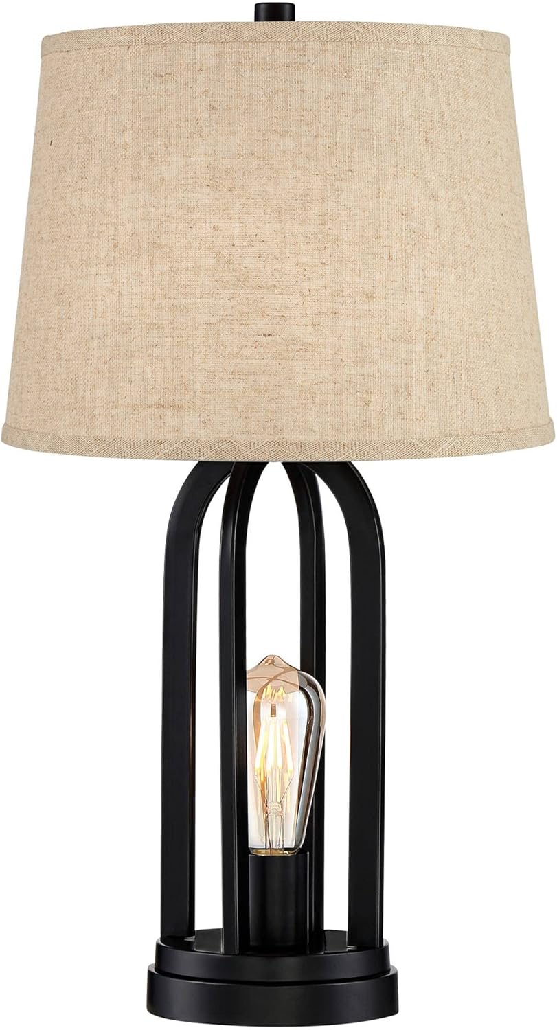 360 Lighting Marcel Industrial Modern Table Lamps 24.25" High Set of 2 with USB Charging Port and Nightlight LED Black Metal Burlap Linen Shade for Living Room Desk Bedroom House Bedside