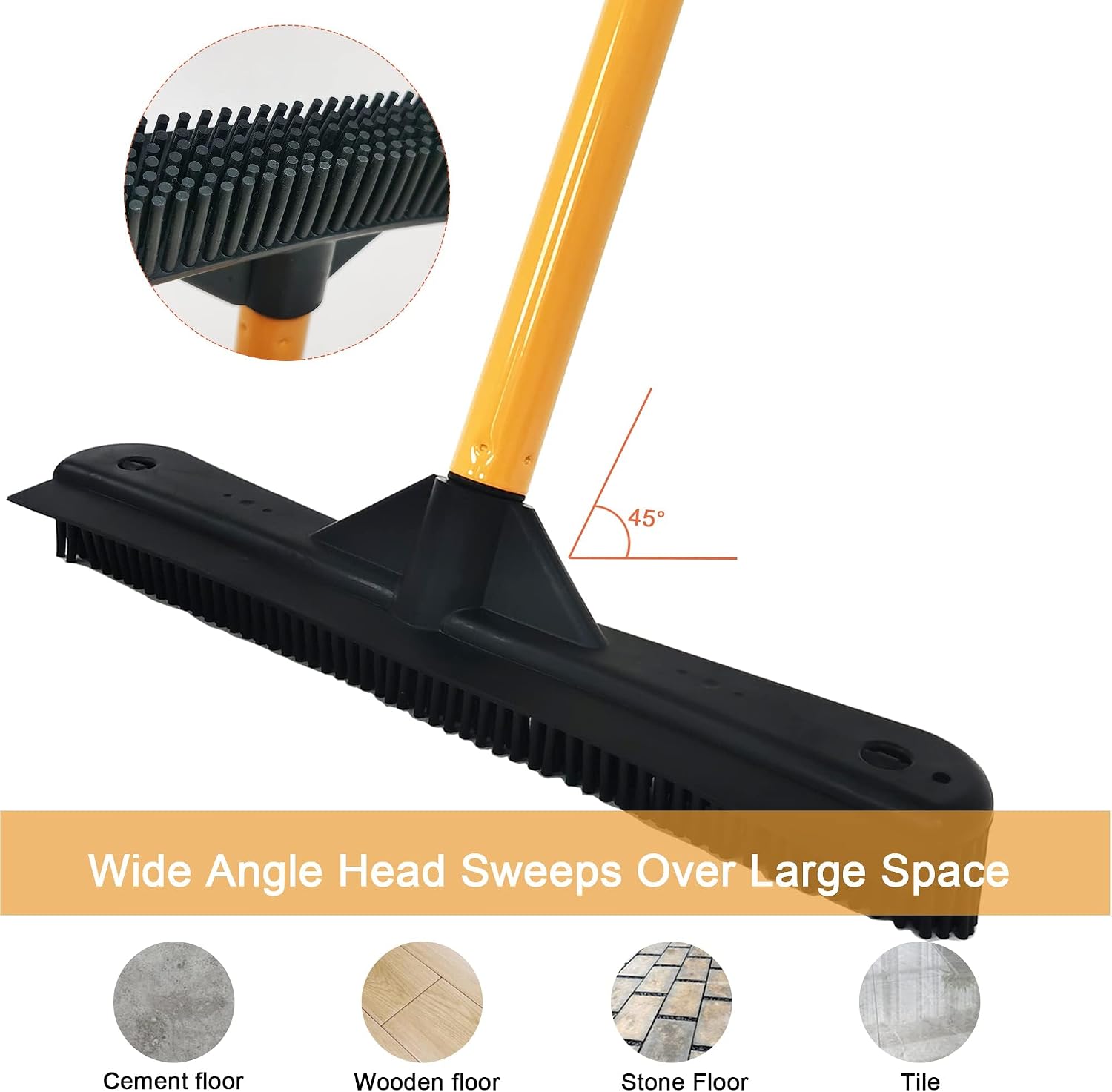 Push Broom,Pet Hair Removal Broom with Squeegee,Soft Silicone Bristle Broom with Long Handle,Non Scratch Carpet Sweeper Brush for Cat Dog Hair Hardwood(Orange) Extra Long for Tall People