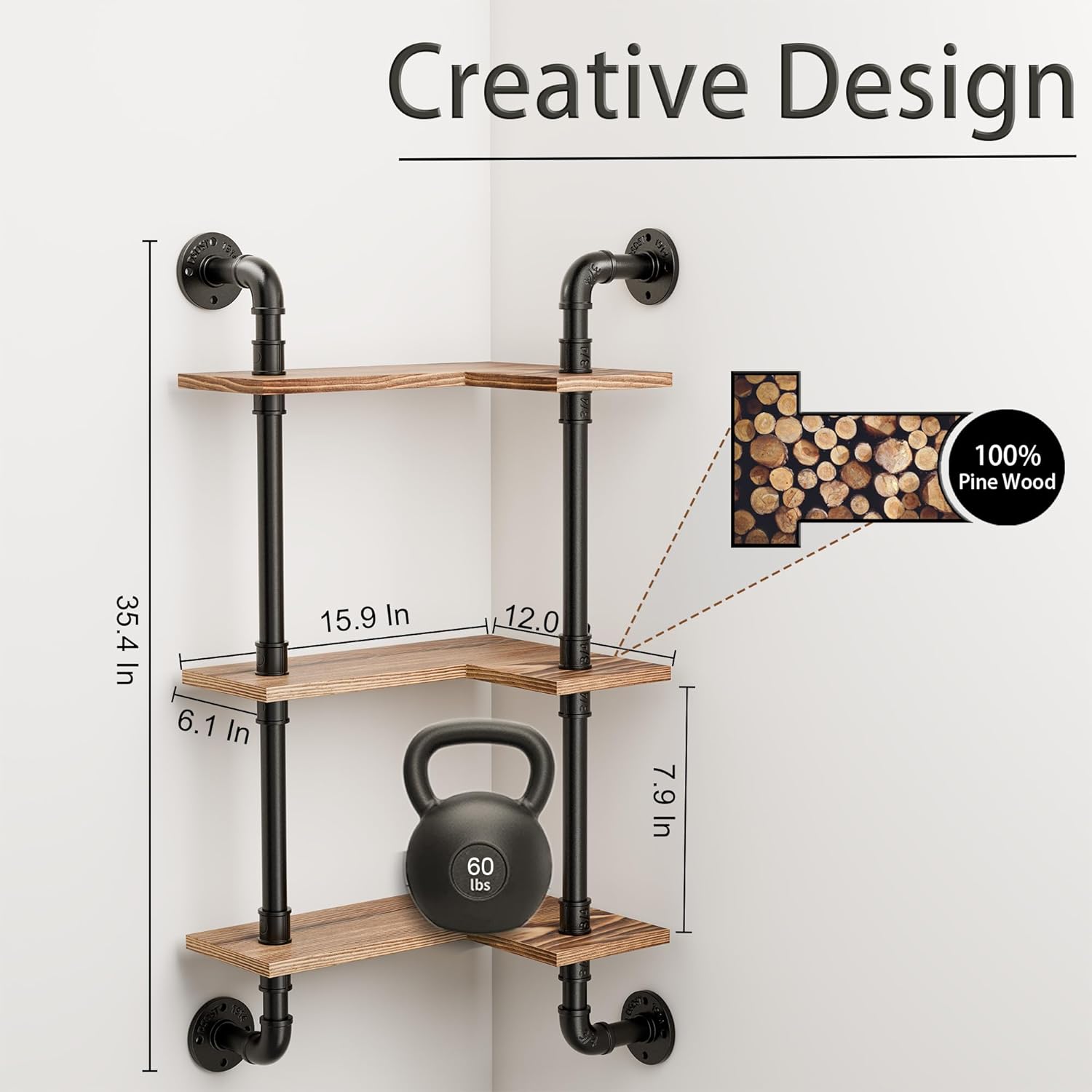 Industrial Pipe Shelving Pine Wood Floating Bathroom Shelves Wall Mounted L Shaped Corner Shelf for Bedroom Living Room Wall Storage