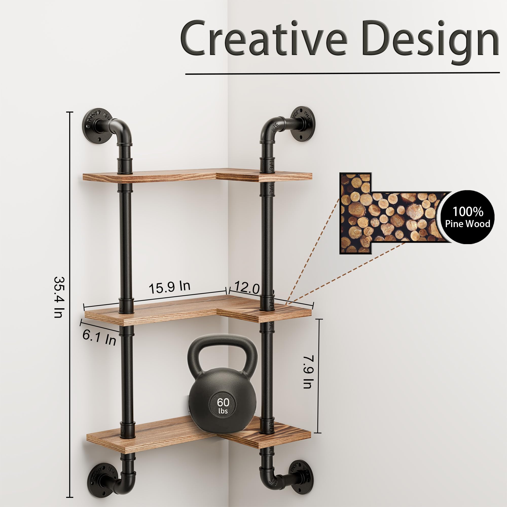 Amazon｜MVPSONAG 工業用L字型コーナーシェルフ 3段素朴な木製コーナー