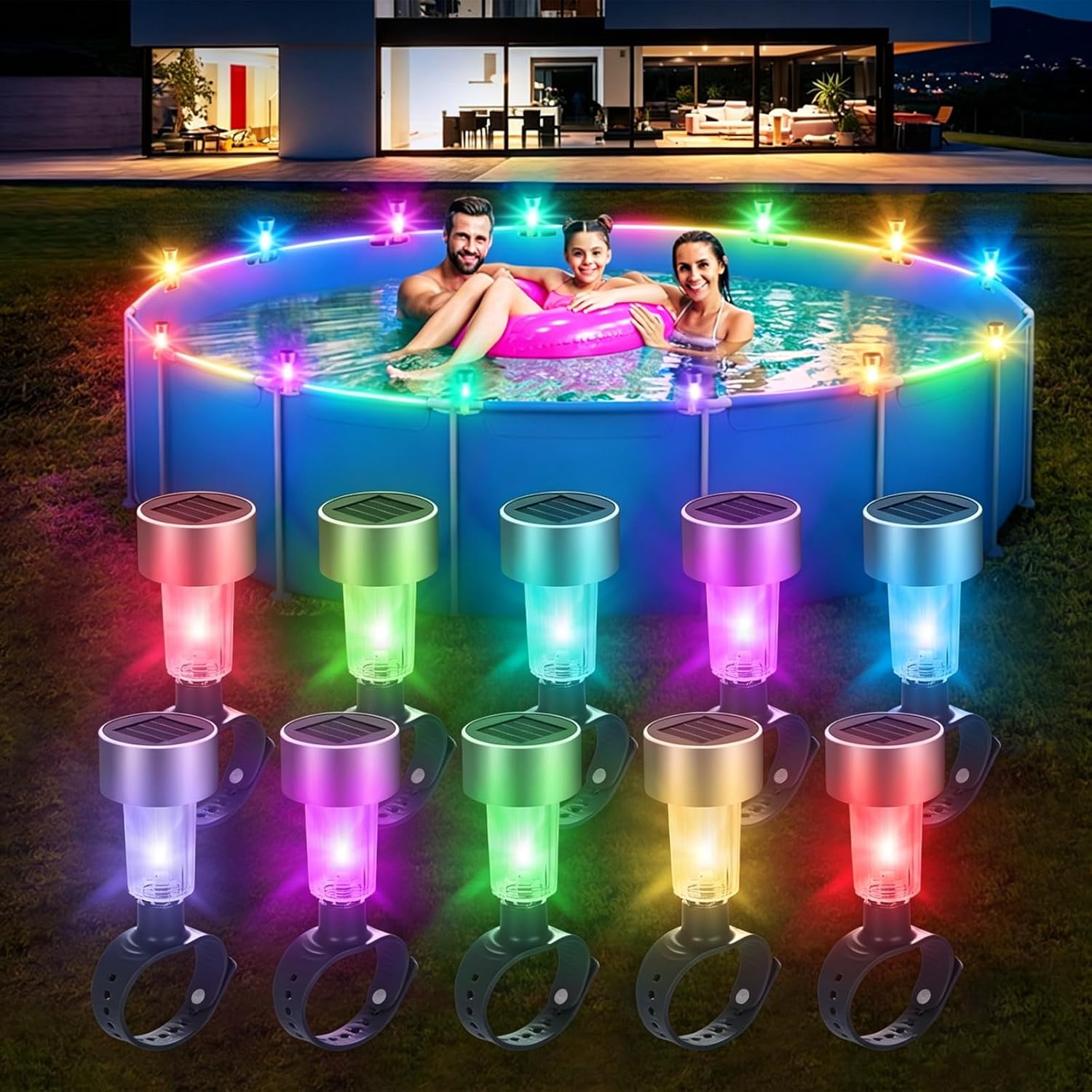 Solar Pool Lights for Above Ground Pools, 10 Pack Waterproof Above Ground Pool Lights, Dusk to Dawn Auto On/Off Decorative Night Lights for Frame Pool, Outdoor Railings (Colour Light)