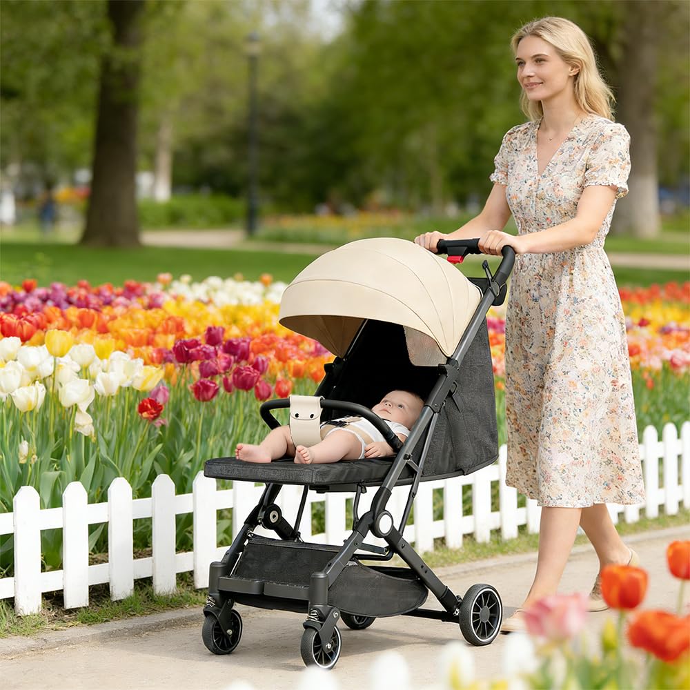 Buggy, wózek dziecięcy, wózek do leżenia, wózek sportowy, składany, siedzący i leżący, 4 koła PU, 5-punktowy pasek, waga 15 kg (khaki, A)