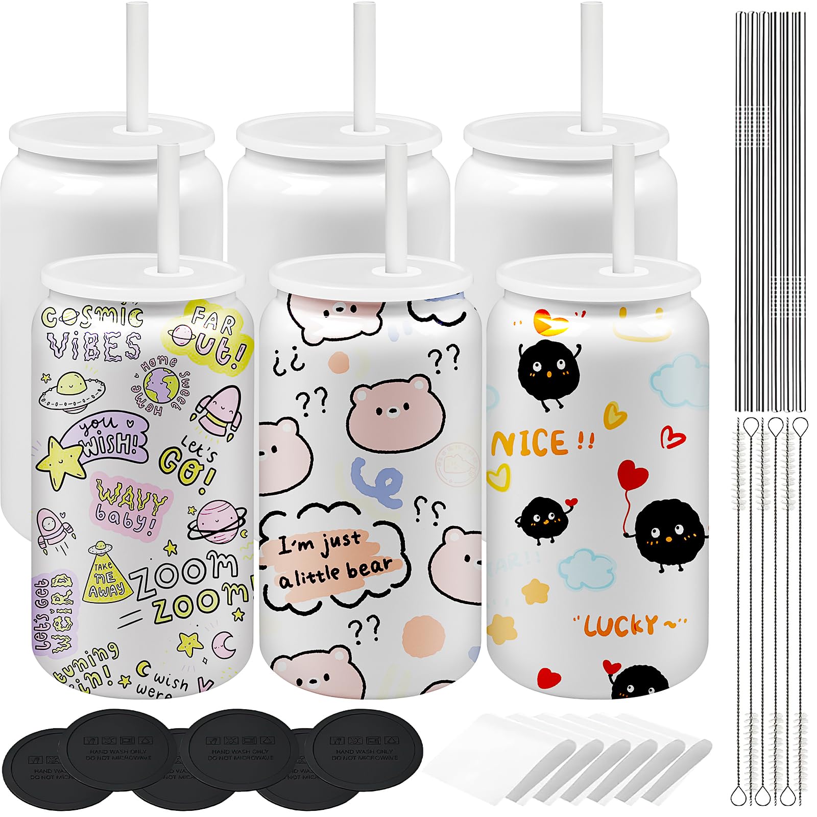 Lot de 6 gobelets vierges de sublimation pour enfants, 480 ml en acier inoxydable avec couvercles et pailles, gobelet isotherme à double paroi avec dessous de verre pour cadeau de fête