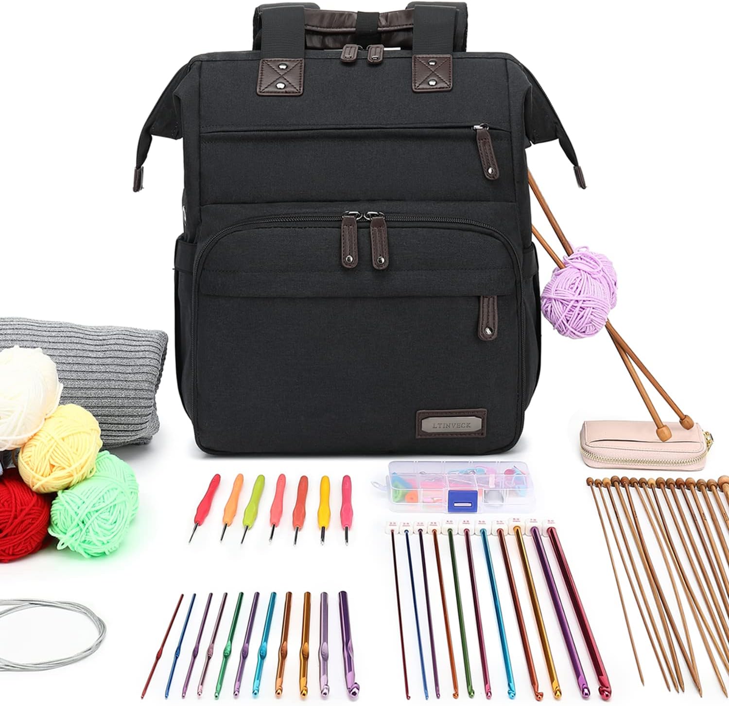 LTINVECK Crochet Backpack,Knitting Bag Backpack Yarn Storage Organizer Travel Crochet Bag,Yarn Tote Bag Yarn Holder Case for Knitting Needles, Crochet Hooks,Crochet Accessories,Black