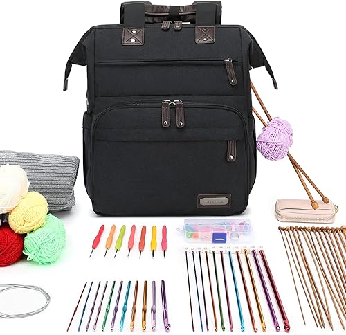 Miniatura 2 de LTINVECK Mochila para tejer, organizador de almacenamiento de hilo, bolsa de ganchillo de viaje con puerto de carga USB, bolsa grande de hilo para