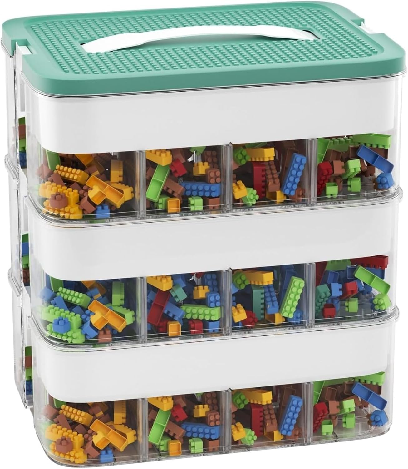Building Blocks Storage Box, 3-Layer Stackable Organizer with Compartments for Assembling & Sorting Toy Particle Bricks, Portable Carry Case (Green)