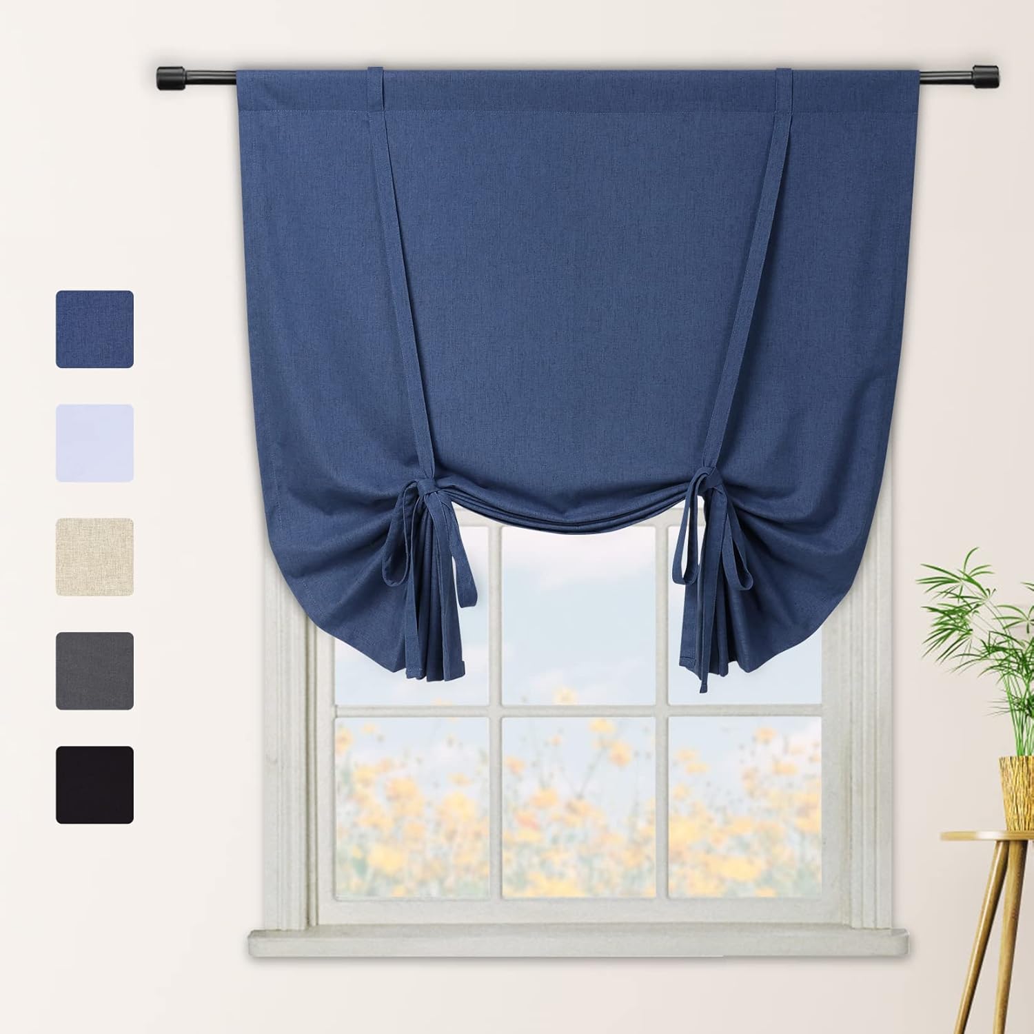 CAROMIO Tie Up Curtains for Windows, 100% Blackout Rod Pocket Adjustable Tie Up Shades for Kitchen Windows Cafe Curtains, 42x63 Inches