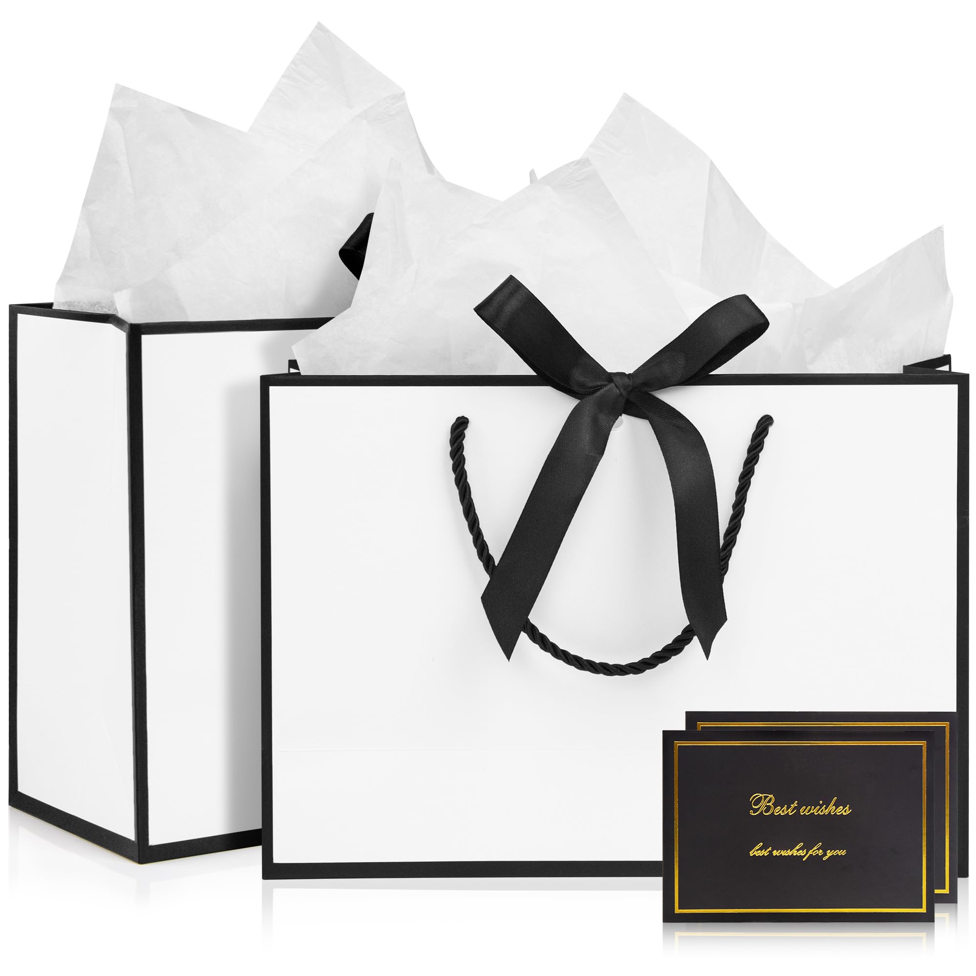 Medium Gift Bags, 2pcs Present Bags with 4 Wrappers and 2 Cards, Paper Gifts Bags Shopping Bags with Handles for Women Men Birthday Valentines Wedding Party Bags (White-Black) 20 x 10 x 28 cm