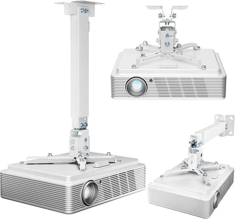 Projector Ceiling Mount 3-in-1 Bracket Extension Pole 44lbs White | Universal Adjustable, Wall & Ceiling Installation, Fits Epson Optoma, Home Theater Office Use, 44lbs Load Capacity