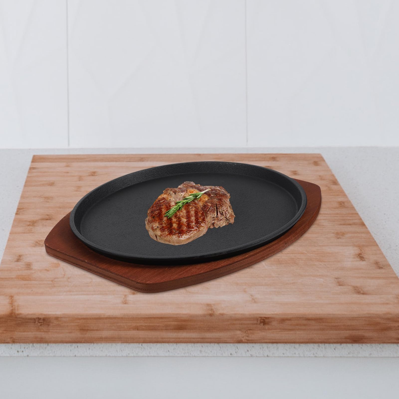 SHERCHPRY Plancha de Hierro Fundido Base de Madera para Carne y Pescado, Excelente Conductividad Térmica y Distribución Uniforme del Calor para Barbacoa