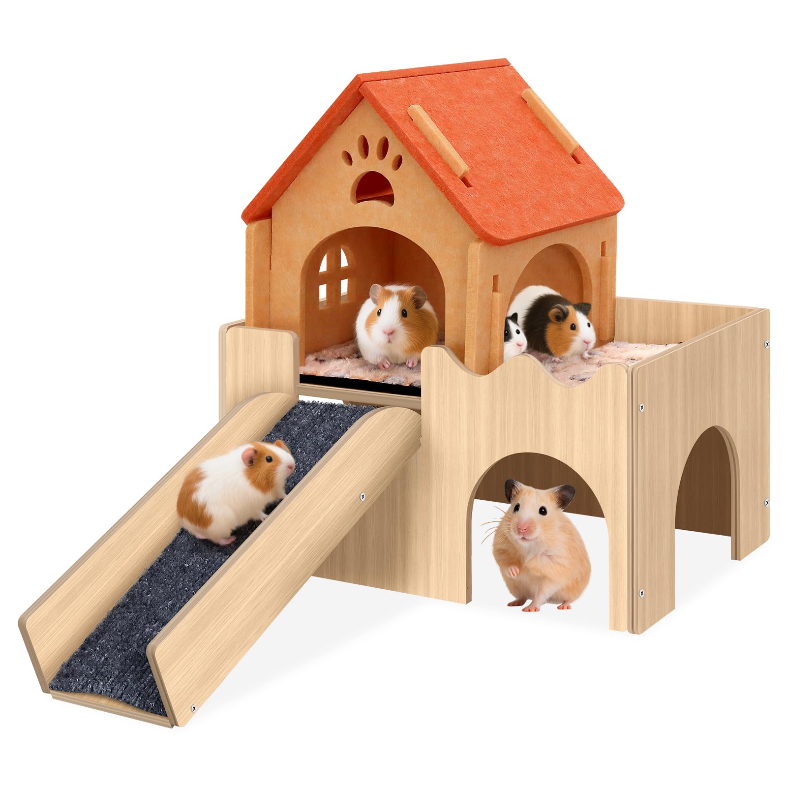 Mittimiya 3-in-1 Meerschweinchen Haus, Hamster Haus aus Holz mit Plattform und Treppe als Versteck, Meerschweinchen Zubehoer Kaninchenhaus für Kleintiere