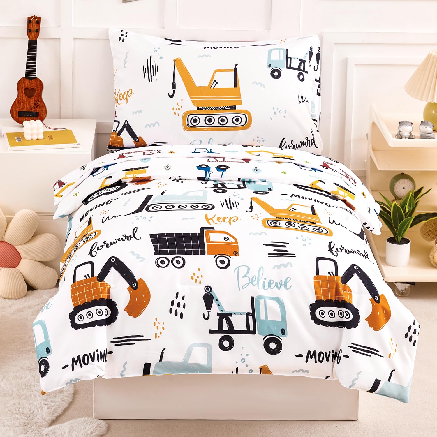 PERFEMET Construction Toddler Bedding Set for Boys, 4 Pieces
