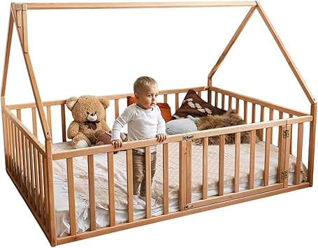 BUSY WOOD Montessori Bed with Railings - Floor Twin Bedframe for Toddlers 1-3 - Full Size Montessori Floor Bed, Queen, King, Small - 7 Colors Model 17