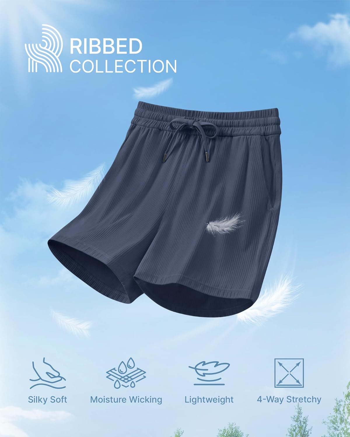 G4Free Ribbed Womens Athletic Shorts High Waisted Drawstring Gym Running Shorts with Pockets - Image 2