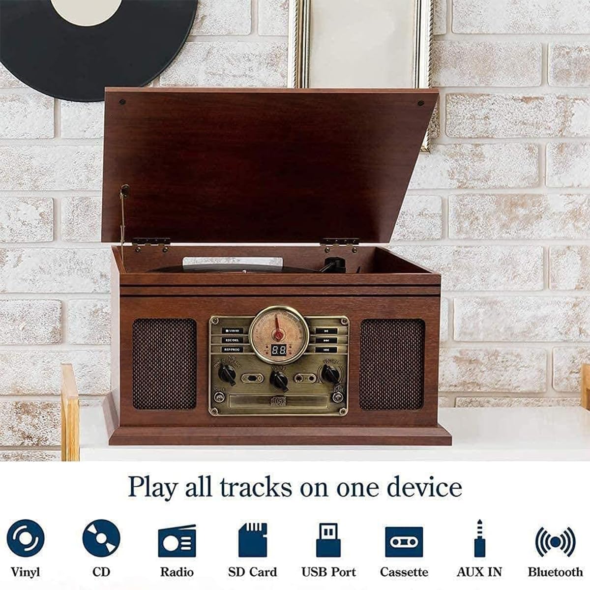 Vintage Giradischi Bluetooth Retro Stereo System con Dual Speakers, USB, AUX, FM/AM Radio, Classic Music CD Player per Audiofili