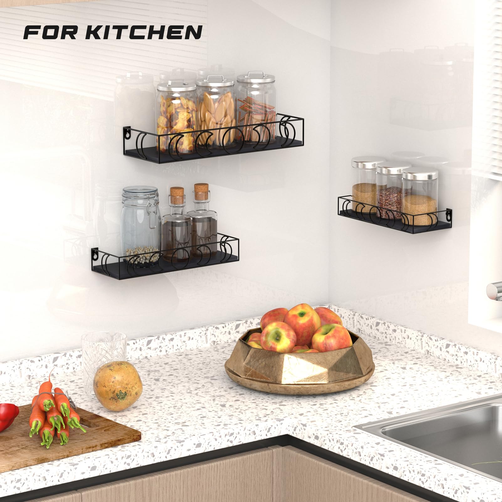 EYMPEU Estanteria Pared De Madera Y Metal, Juego De 3, Baldas Flotantes Pared con Diseño De Luna, Estante Flotante Pared Almacenamiento Y Organización En La Cocina, Baño, Oficina, Salón (Negro).