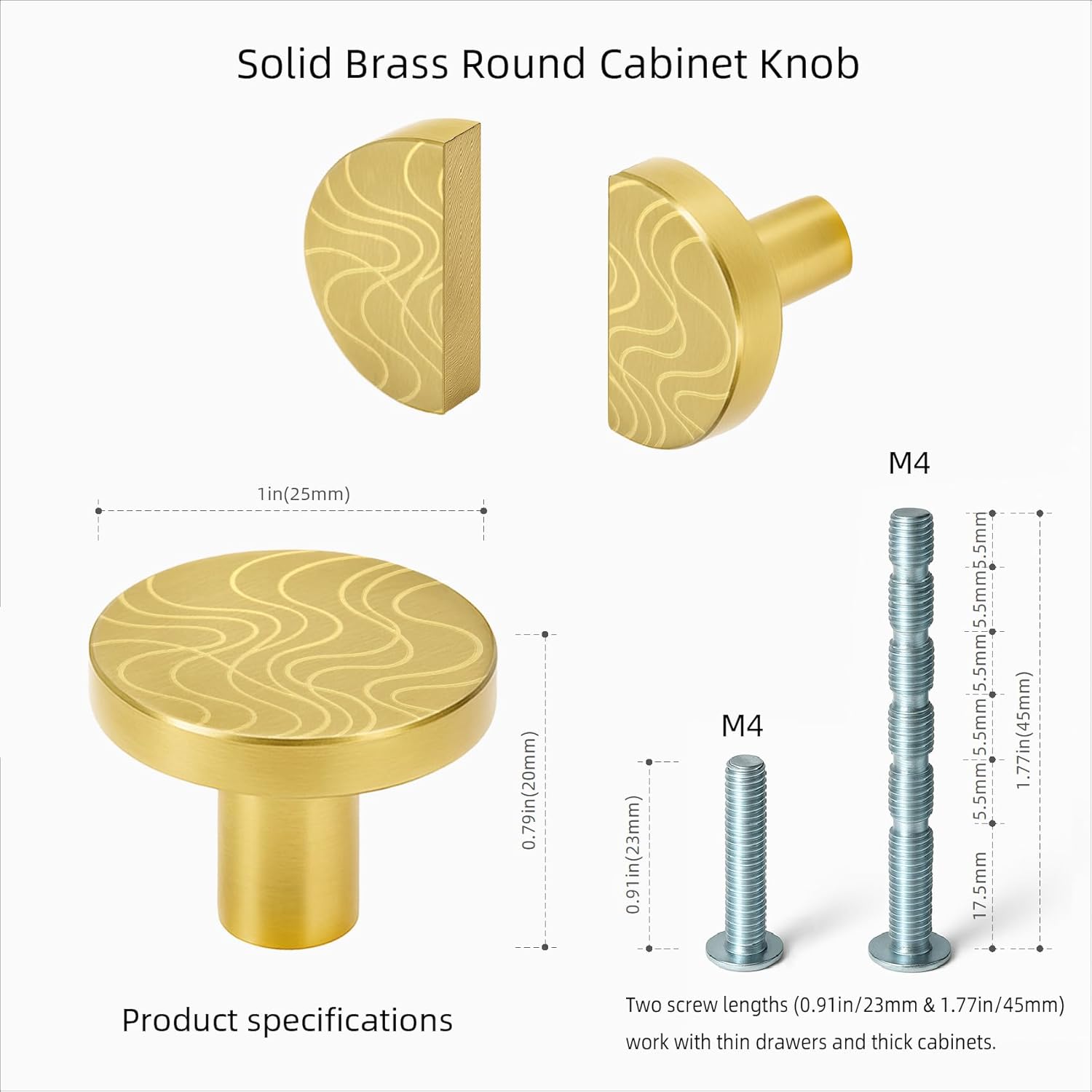 7-Pack Brushed Brass Cabinet Knobs - Solid Brass Round Knobs 1 inch, Engraved Gold Hardware for Kitchen & Bathroom Vanity, 2 Screw Lengths