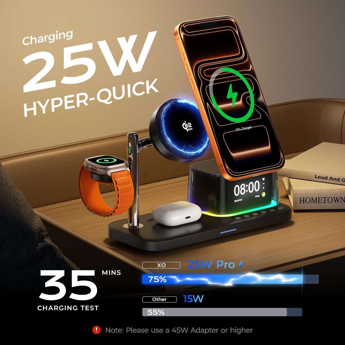 QI2.2 Charging Station for Apple Device【 25W Fast Charging+Cooling Fan】 5in1 Magnetic Wireless Charger with Speaker and Alarm Compatible with iPhone/Watch/AirPod (45W Adapters Included) Black