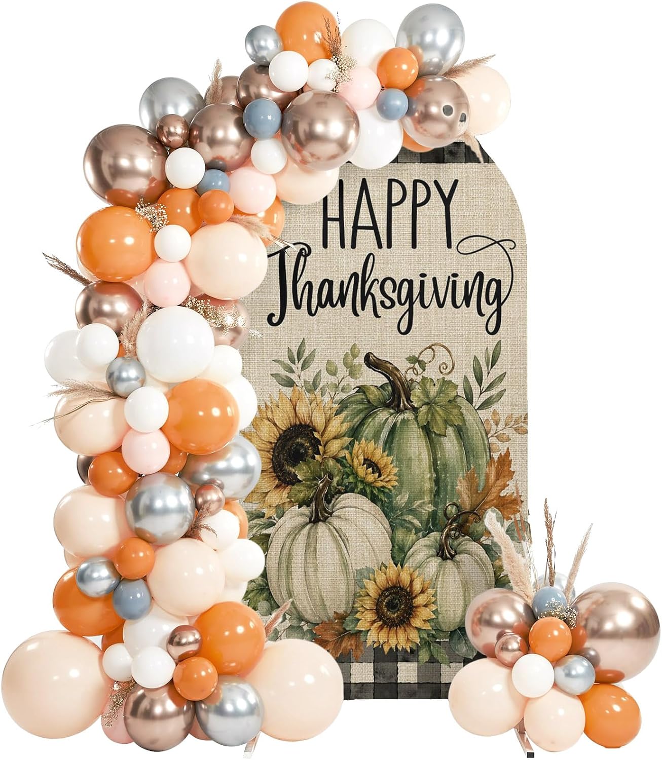 6ft Arch Backdrop Cover, Thanksgiving Pumpkin Sunflower Leaf Stretch Spandex Arch Stand Cover, Retro Fall Plant Buffalo Plaid Round Top Chiara Photo Background Decoration for Birthday Party Ceremony