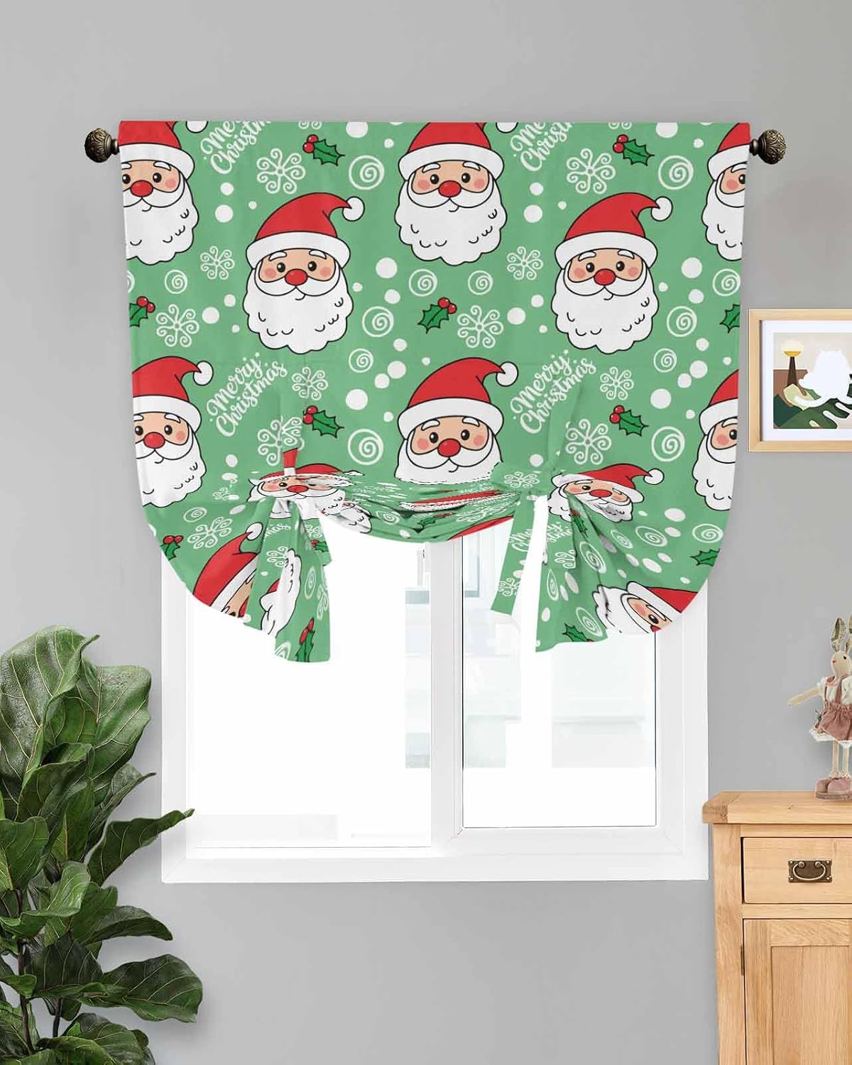 Tie Up Curtains for Windows, Merry Christmas Adjustable Balloon Nature Linen Textured Kitchen Curtain, Santa Claus Xmas Winter Leaves Snowflake Green Decorative Tie Up Curtain for Window, 52" x 45"