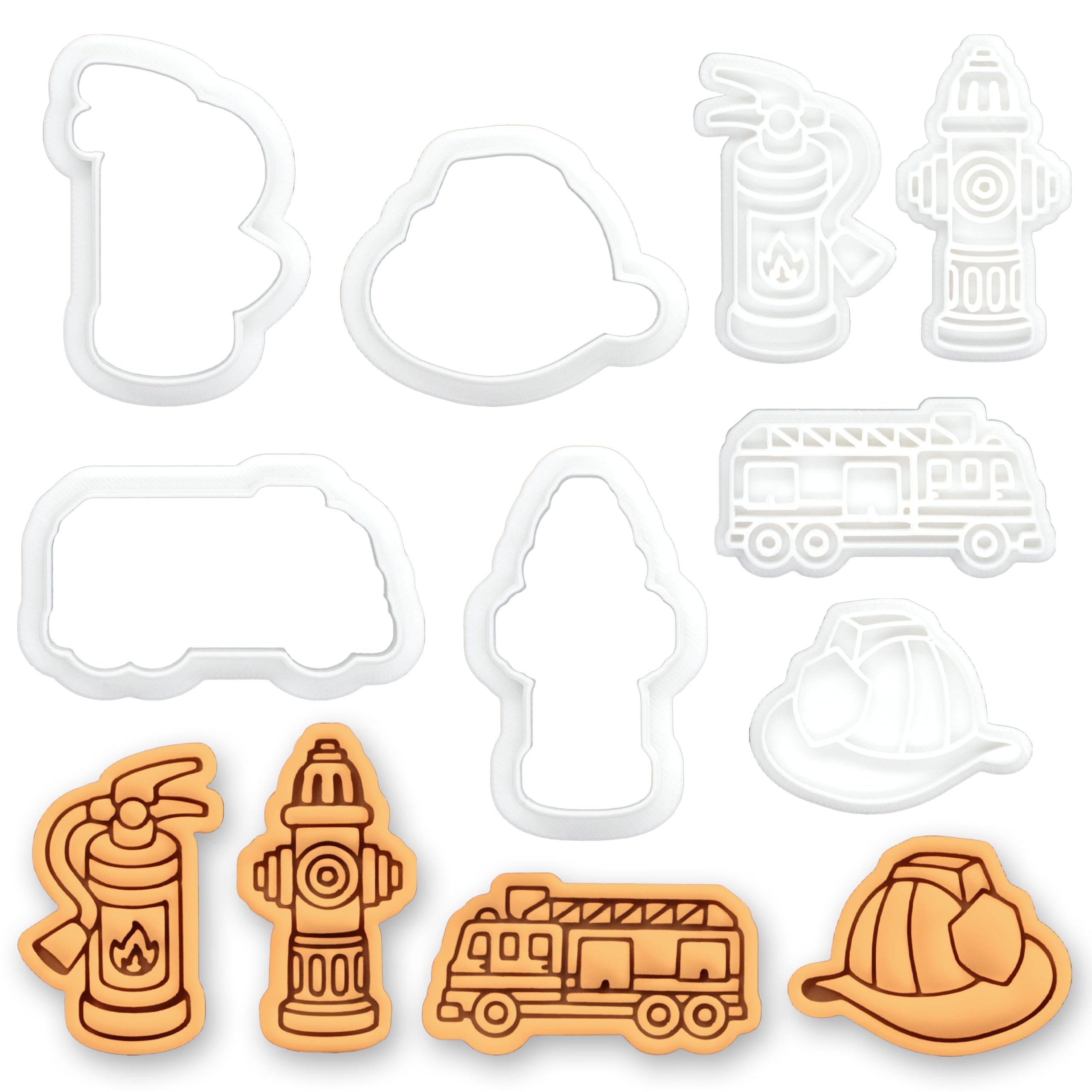 BAKERLOGY Lot de 4 Mini Emporte-pièces & Tampons Pompier – Borne Incendie, Camion de Pompiers, Casque et Extincteur pour Fondant, Biscuits, Sablés, Fête des Pompiers & Secours d’Urgence