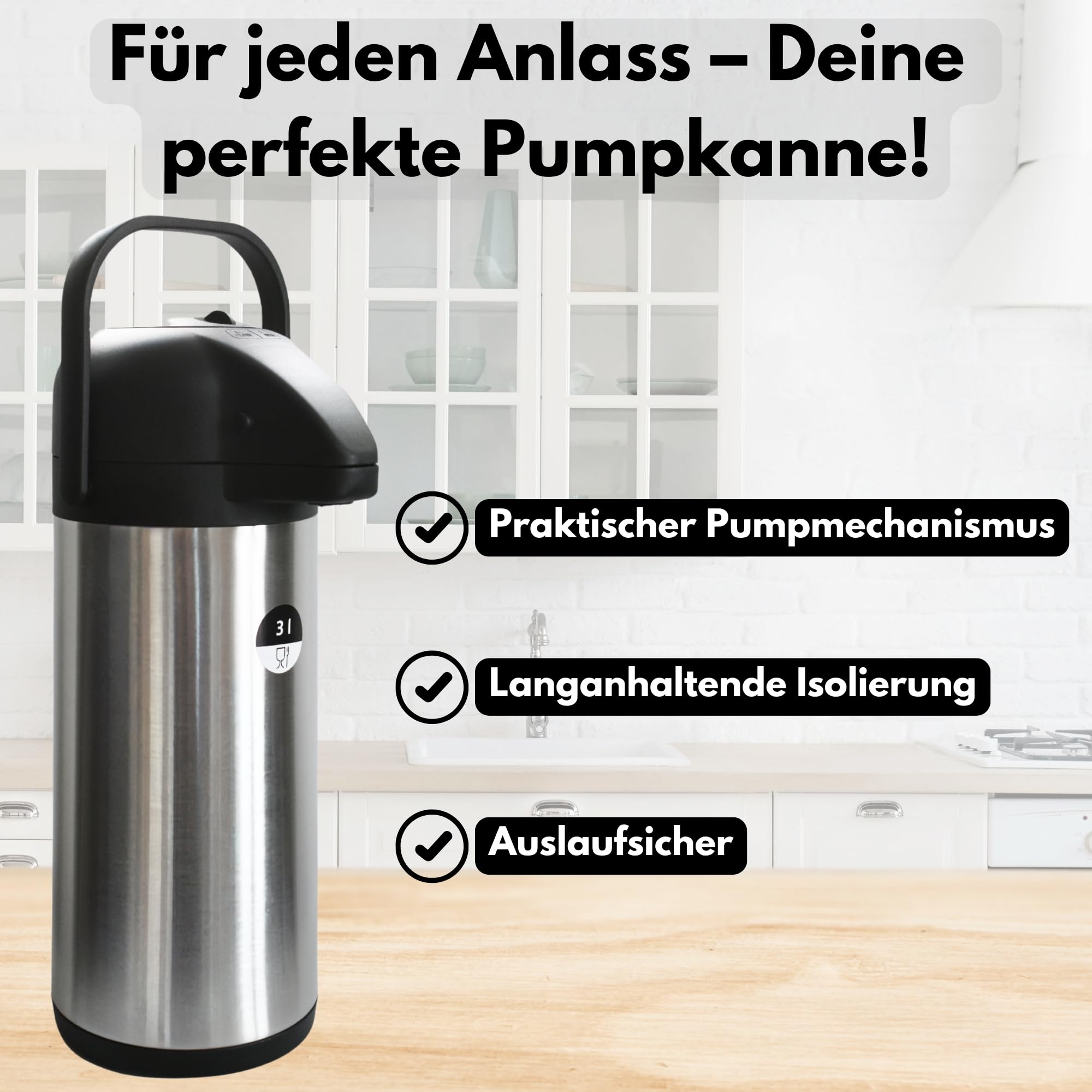 Airpot Pumpkanne 3l Isolierkanne Thermoskanne isolierte Kaffeekaraffe Kaffeekanne Gastro Kaffeespender auch für Camping aus Edelstahl & GRATIS-HLKauf-Block
