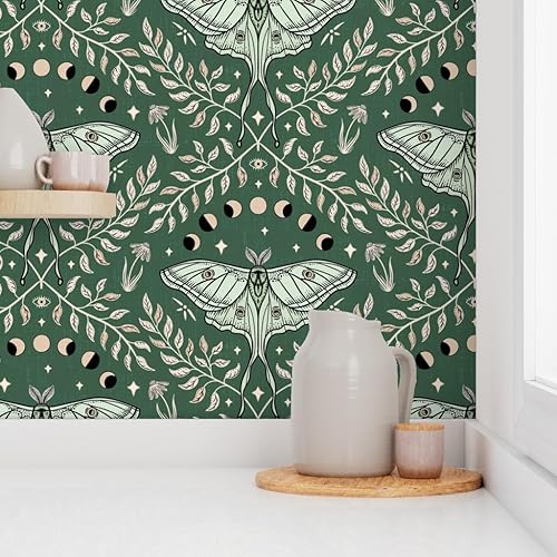 Miniatura 8 de Spoonflower Papel tapiz autoadhesivo de 12 x 2 pies  Polillas Damasco Luna Verde Oliva Hojas Grandes Celestial Papel tapiz extraíble personalizado