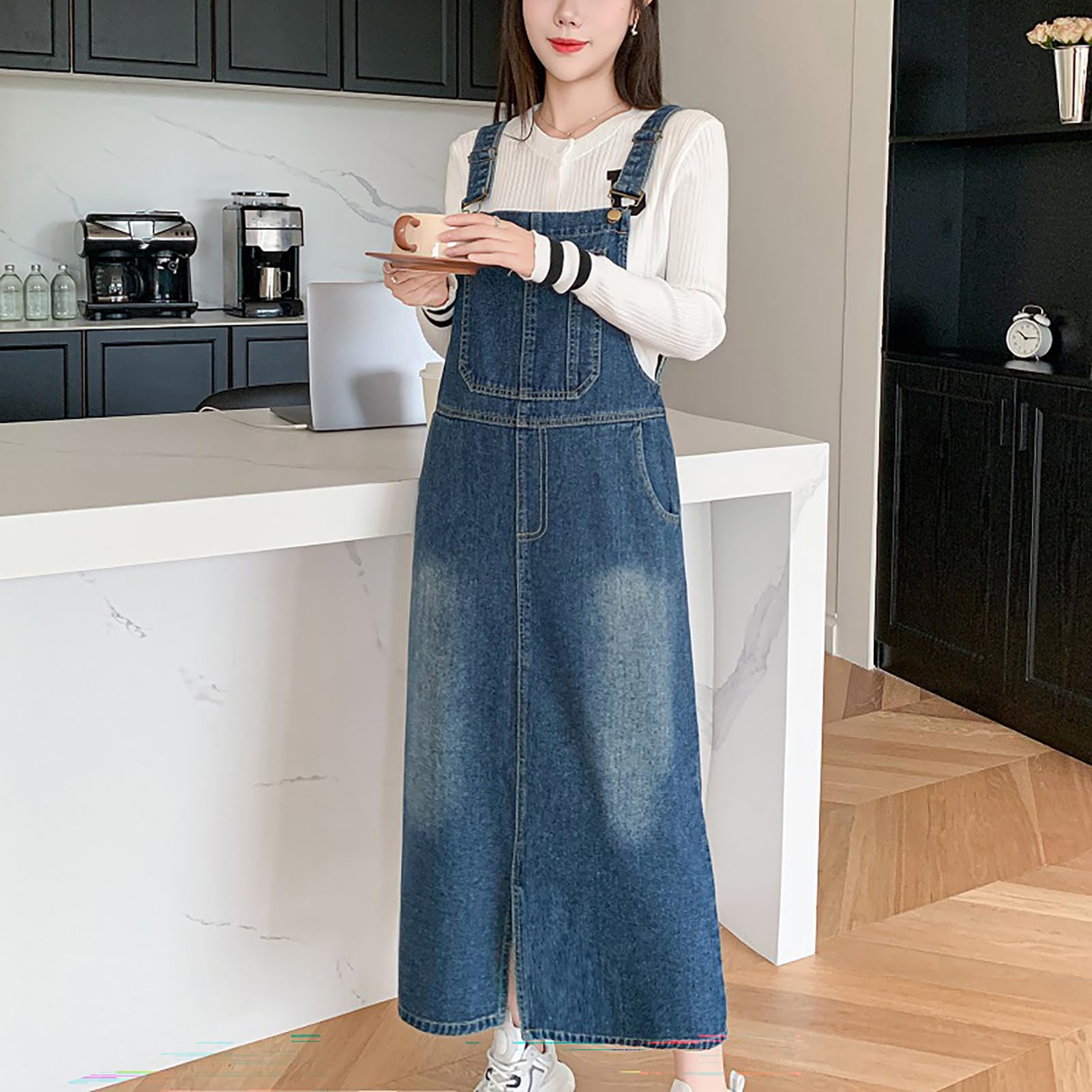 Vestito Salopette di Jeans Donna Mid Lunga Senza Maniche Denim Vestiti Overall con Tasche