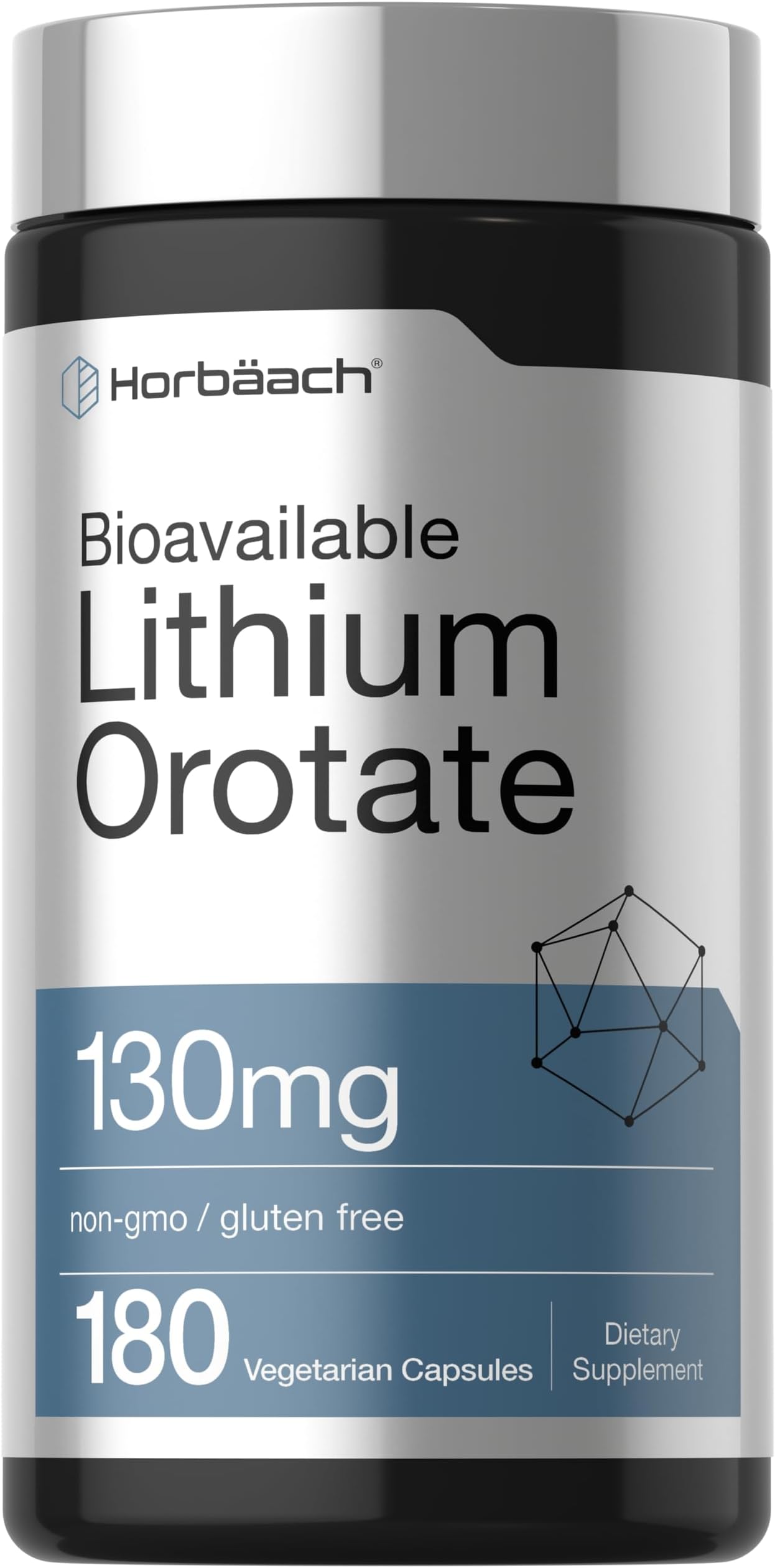 Horbäach Lithium Orotate 130mg | 180 Capsules | Non-GMO, Gluten Free, Vegan | 5mg Bioavailable Elemental Lithium