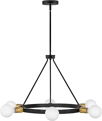Lark Orla 83610BK Medium Single Tier Chandelier, Six-Light Ring, Perfect for Globe Bulbs, Adjustable Height, Black and Lacquered Brass
