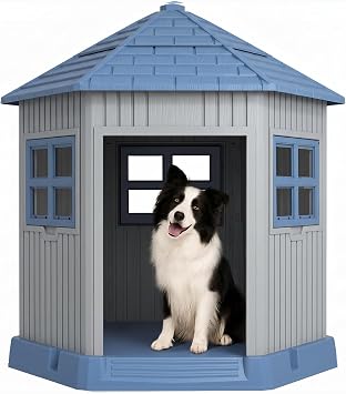 DRATO Dog House Indoor Outdoor Durable Large Dog Shelter with Outside Dog Kennel with Window and Elevated Floor for Small Medium Dogs Blue, 34.8 * 30.51 * 36.89