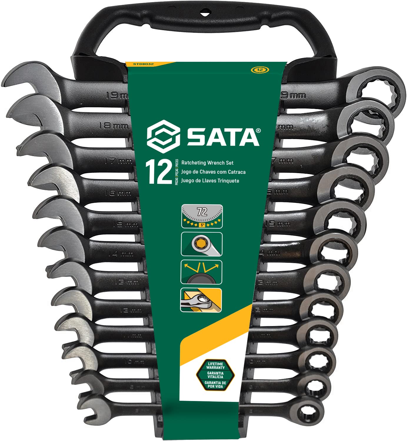 SATA - Lot De 3 Clés à Cliquet Professionnelles 1/4, 3/8, 1/2 - 120 Dents - Double Griffe - Interrupteur Marche/arrêt - 5
