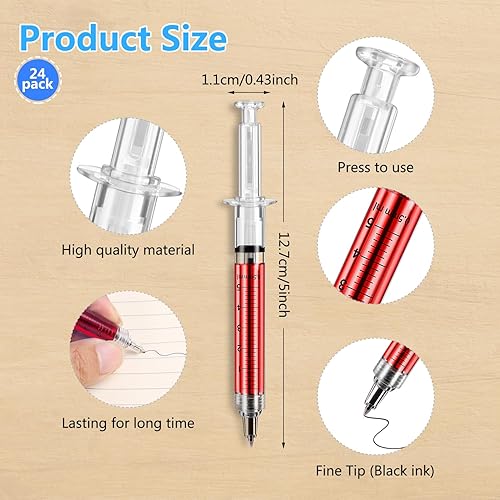 Miniatura 7 de Bolígrafo de jeringa multicolor escribe en tinta negra, bolígrafos de enfermera, juego imaginario de médico, suministros de oficina (rojo, verde,