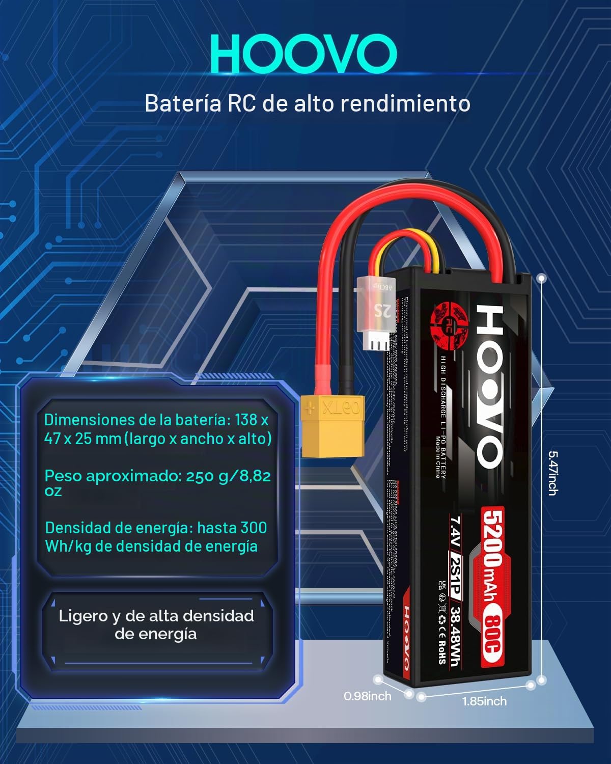 HOOVO 2S LiPo RC 7.4V 5200mAh 80C Funda Rígida con Conector XT60 Batería de Repuesto para RC Car Truck Heli Avión Rock Crawler Avión Helicóptero RC Car Truck Boot (2 Paquetes)