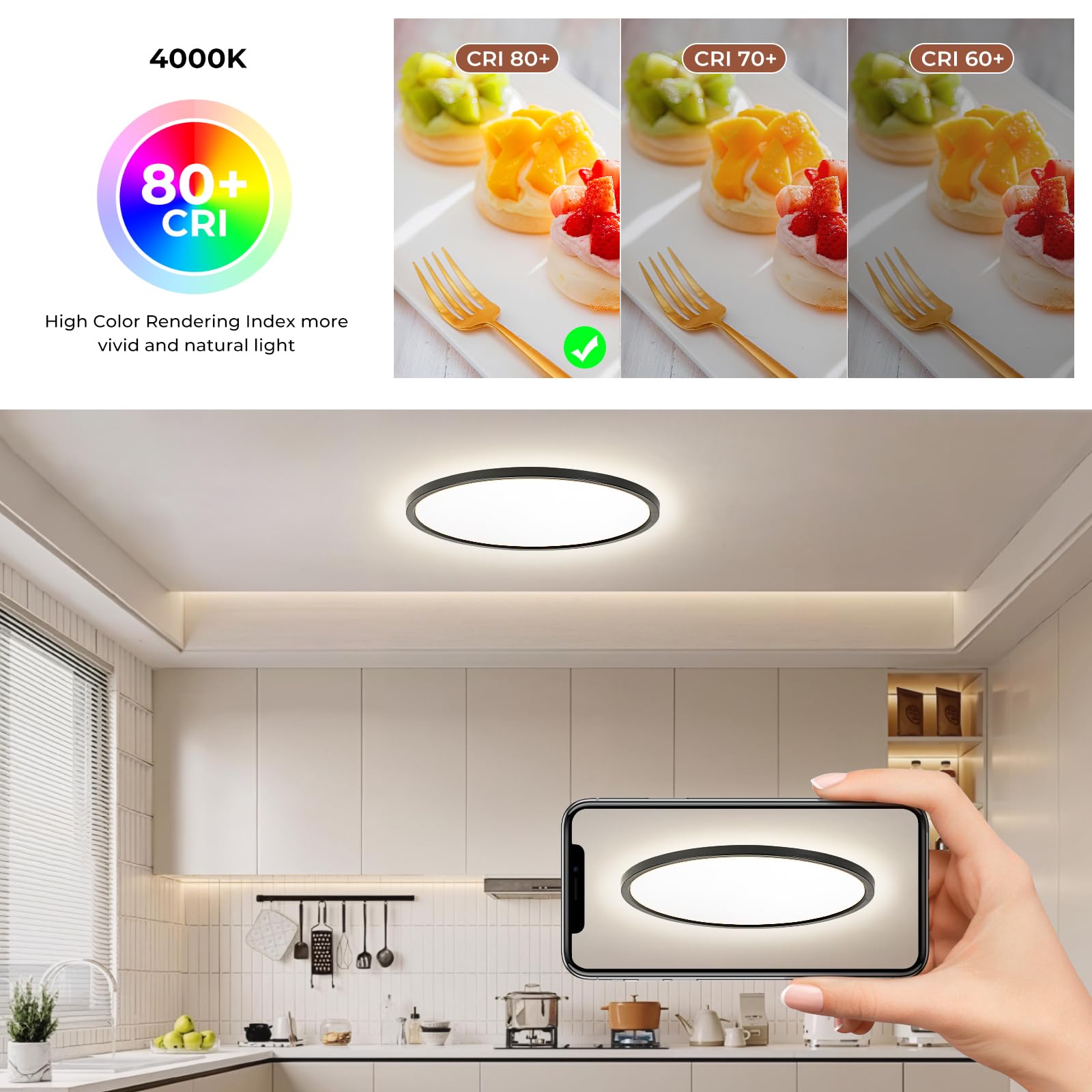 EASY EAGLE lampa sufitowa LED, płaska 40 cm, okrągła lampa sufitowa 4000k 48 W, czarna, nowoczesna lampa do łazienki, panel LED, lampa kuchenna do korytarza, sypialni, balkonu, salonu, kuchni, piwnicy