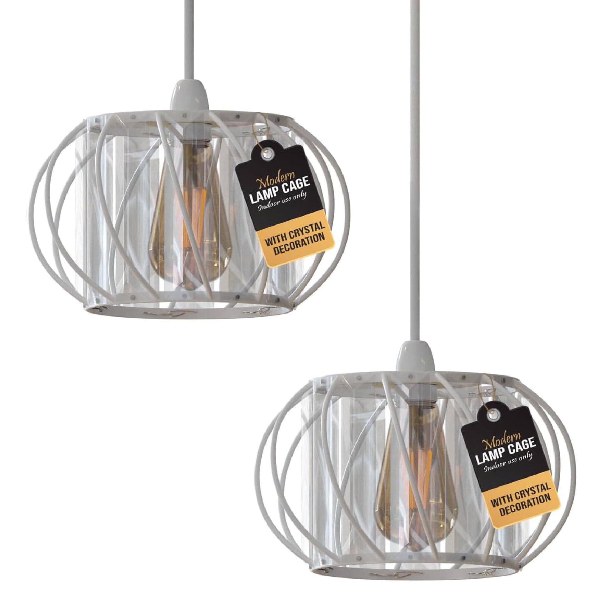 2Pcs Modern Crystal Glass White Light Shade Height 10 cm, Width 18cm Easy Fit Metal Hanging Ceiling Pendant Light Fixtures Chandelier Light Fitting Lamp Cage for Hallway Dining Room (White)