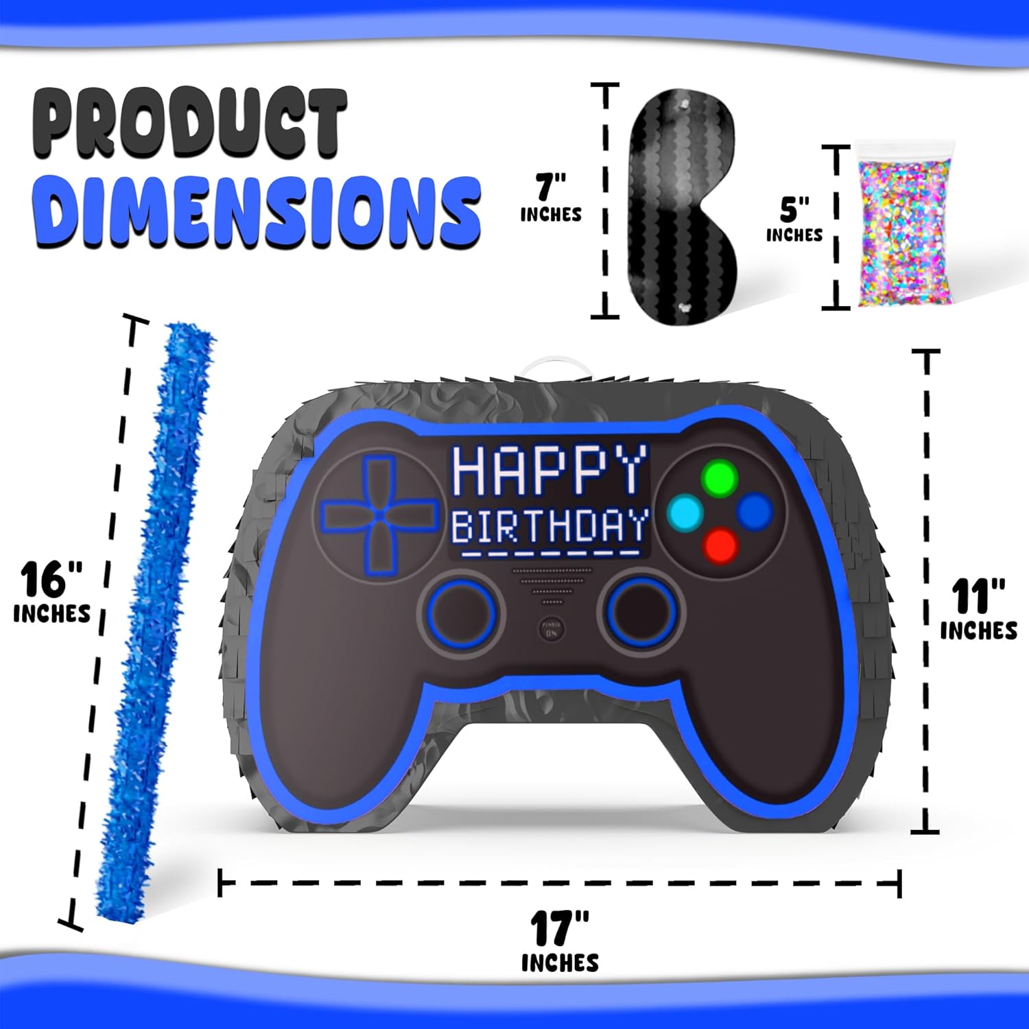 Jergrim Blue Video Game Controller Piñata (Small Stick Included) 17”x11”x 3” Perfect for Birthday Gamer Parties, Party Decor, Gaming theme parties and other Decorations